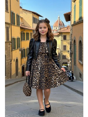 Riccotarz Kız Çocuk Üzeri Leopar Detaylı Karpuz Kol Deri Ceketli Kehribar Elbise