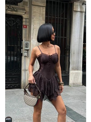Dip Moda Dipmoda kadın kahverengi saten kumaş tül etek mini boy askılı elbise