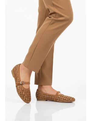 Ayakmod Taba Taş Işlemeli Hafif Kadın Babet Ayakkabı 335384 Z