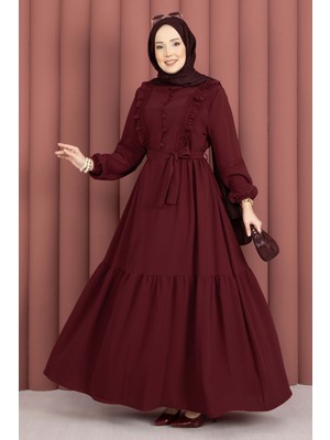 Asm Güpür Şeritli Kuşaklı Tesettür Elbise Bordo
