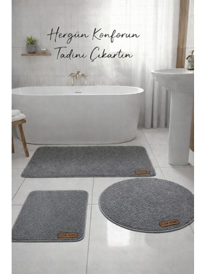 Flow Home 3’lü Peluş Banyo Paspası Kaymaz Tabanlı Yıkanabilir Lüks Yumuşak Klozet Takımı Gri Su Emici Halı