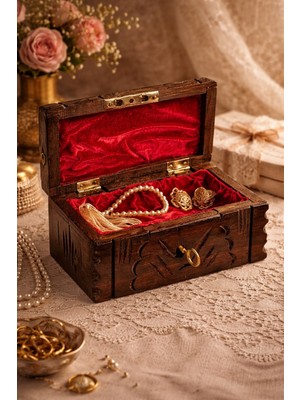 Home Dekor Hediye Işlemeli Antika Görünümlü Hediye Kutusu Kırmızı Kadife Kaplı El Yapımı Ahşap Mücevher Sandık 18 cm