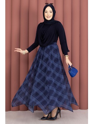 Md Ekose Desenli Asimetrik Kesim Şifon Etek Lacivert
