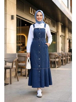 Kadın Ayarlanabilir Askılı Düğmeli Cepli Kot Lacivert Salopet