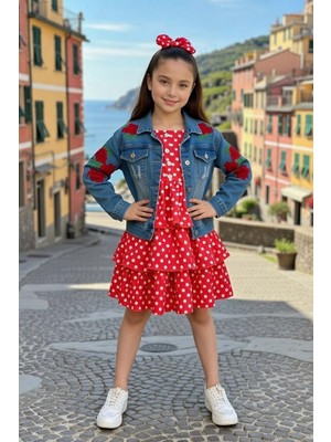Riccotarz Kız Çocuk Kare Yaka Üzeri Benekli Kot Ceketli Pileli Kırmızı Elbise