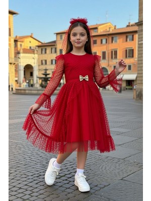 Riccotarz Kız Çocuk Kolları Şeffaf Tüllü ve Üzeri Puantiye, Yakası Fırfır Detaylı Önü Tüllü Kırmızı Abiye