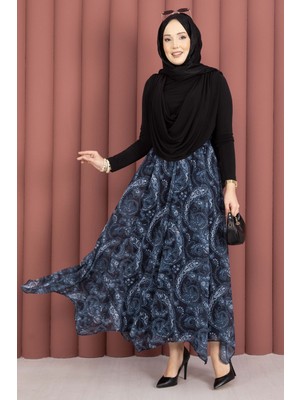 Md Şal Desen Asimetrik Kesim Şifon Etek Lacivert