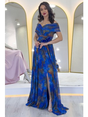 Zks Grup Tekstil-Kadın Batik Desenli Madonna Yaka Desenli Tül Abiye Elbise Mürdüm, Saks, Mor, Yeşil