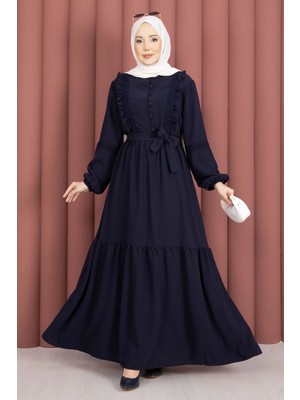 Asm Güpür Şeritli Kuşaklı Tesettür Elbise Lacivert