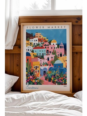 Satürn Design Santorini Yunanistan Çerçeveli Tablo Seyahat Severlere Salon ve Ofis Için Estetik Duvar Dekoru Travel Flower Market
