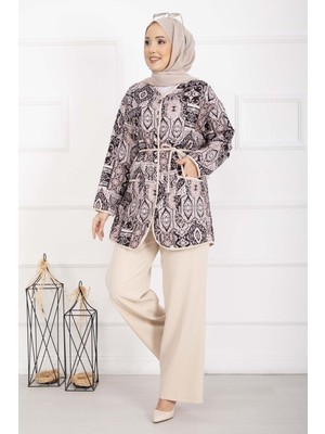 Mat Etnik Desen Biyeli Ceketli Takım Bej