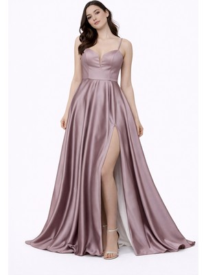 Askılı Saten Uzun Abiye Elbise Derin V Yaka