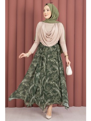 Md Şal Desen Asimetrik Kesim Şifon Etek Haki
