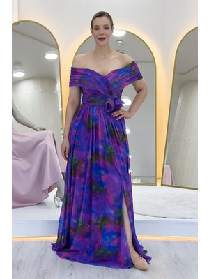 The Zks-Kadın Batik Desenli Madonna Yaka Desenli Tül Abiye Elbise Mürdüm, Saks, Mor, Yeşil