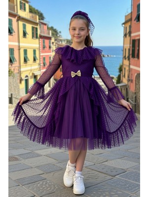 Riccotarz Kız Çocuk Kolları Şeffaf Tüllü ve Üzeri Puantiye, Yakası Fırfır Detaylı Önü Tüllü Mor Abiye