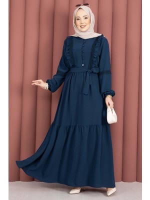 Asm Güpür Şeritli Kuşaklı Tesettür Elbise Petrol