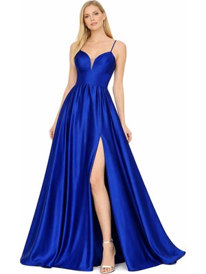 Askılı Saten Uzun Abiye Elbise Derin V Yaka