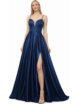 Askılı Saten Uzun Abiye Elbise Derin V Yaka