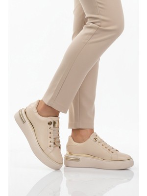 Ayakmod Bej Bağcıklı Taş Işlemeli Hafif Kadın Sneaker 431156 Z