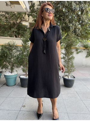 V Yaka Müslin Elbise Siyah