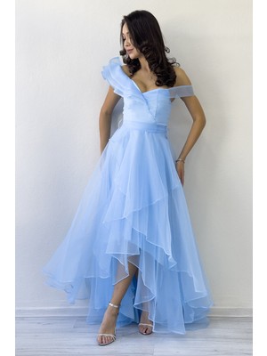 Thezkscom-Kadın Düşük Omuz Asimetrik Etek Tül Abiye Elbise Bebe Mavi, Siyah, Mor, Fuşya, Pudra, Su Yeşili