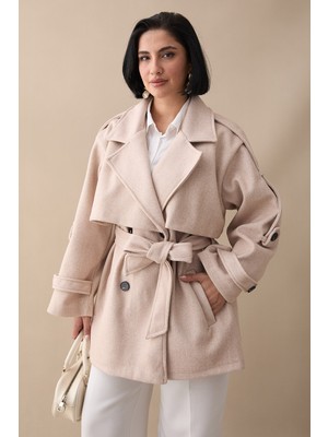 inStyle Oversize Kaşe Kumaş Astarsız Pudra Kısa Kaban