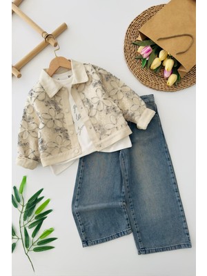 Miniğimin Cicileri Premium Çiçek Nakışlı Kot Ceketli Kız Çocuk 3'lü Takım - Mavi