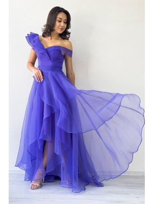 Zks Grup Tekstil-Kadın Düşük Omuz Asimetrik Etek Tül Abiye Elbise Bebe Mavi, Siyah, Mor, Fuşya, Pudra, Su Yeşili