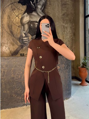 Vernosi Önü Düğme Detaylı Gold Zincir Kemerli V Yaka 2li Ceket Pantolon Takımı Kahve