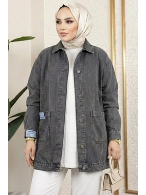 Harman Butik Kadın Düğmeli Cepli Gri Kot Ceket