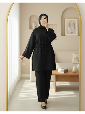 Modamorfo Kolu Katlı Beli Bağlamalı Yırtmaçlı Selanik Tunik-Antrasit