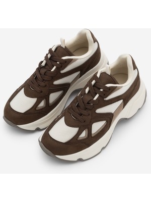 Marjin Kadın Sneaker Kahverengi Süet Yüksek Kalın Taban Bağcıklı Spor Ayakkabı Termo Taban