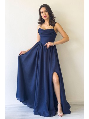 Thezkscom-Kadın Sırt Dekolteli Korse Detay Yırtmaçlı Abiye Elbise Lacivert, Kırmızı, Bebe Mavi