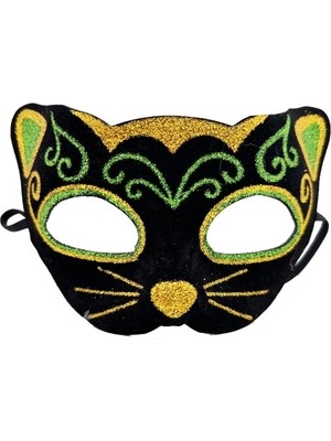 K-Yonlineticaret Siyah Kadife Sarı Yeşil Simli Kedi Maskesi