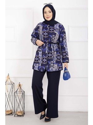 Mat Etnik Desen Biyeli Ceketli Takım Lacivert