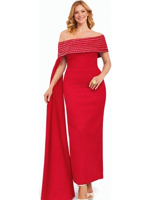 Kayık Yaka Taş Detaylı Uzun Abiye Elbise – Pelerin Detaylı Şık Gece Elbisesi