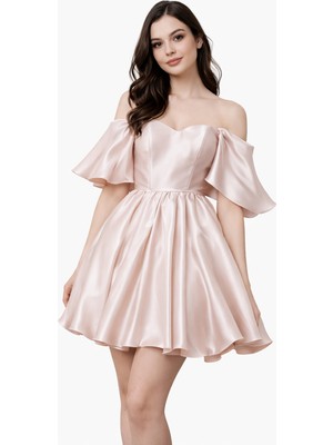 Omuz Dekolteli Saten Mini Abiye Elbise Volan Kollu