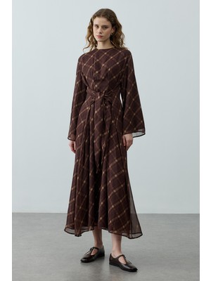 Fahhar Ekose Bağlamalı Elbise Kahverengi