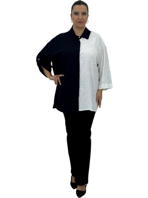 Aysel Büyük Beden  Düğmeli Kapri Kol Iki Renkli Salaş Kadın Gömlek