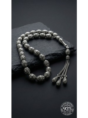 Roza Silver 925 Ayar Oval Kesim 3 Kamçılı Püskül Orta Boy Karo Işlemeli Otantik Gümüş Tesbih