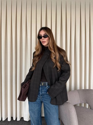 Laluvia Kahverengi Hakim Yaka Ekose Ceket - 4103