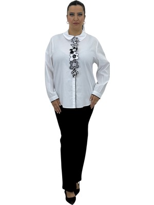 Aysel Büyük Beden Pamuklu Çiçek Aksesuarlı Kadın Gömlek