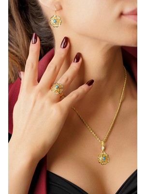 Fiyonk Kuyumculuk 14 Ayar Altın Firuze Taşlı Gül Motifli Telkari Set - Anne Seti