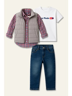 Mininio Erkek Çocuk Yelekli Dörtlü Takım - Kırmızı