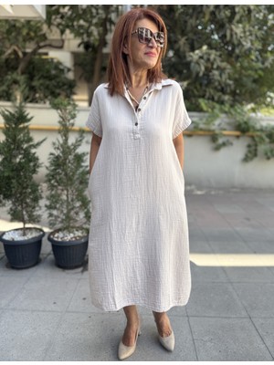 V Yaka Müslin Elbise Bej