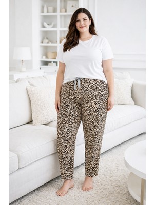 Remsa Büyük Beden Kadın Leopar Desen Viskon Kumaş Penye Battal Tek Pijama Alt 06 Kahverengi