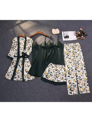 Ece's Design 5 Parça Lüks Saten Pijama Gecelik Takımı Çiçek Desenli Sabahlık Robe Kadın Iç Giyim Seti W2013