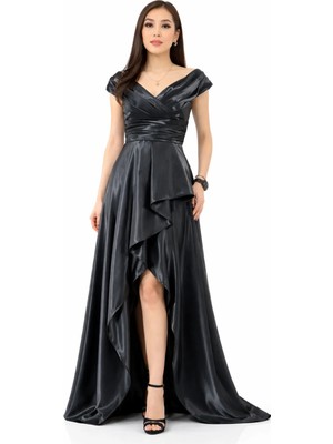 Madonna Yaka Saten Uzun Abiye Elbise – Yırtmaçlı Drapeli Şık Gece Elbisesi