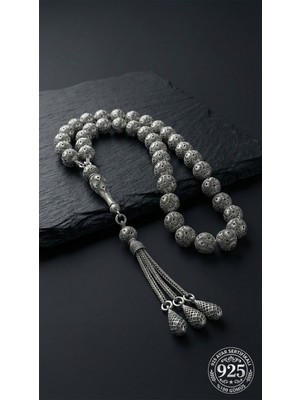 Roza Silver 925 Ayar Küre Kesim 3 Kamçılı Püskül Bilek Boy Zırh Işlemeli Otantik Gümüş Tesbih