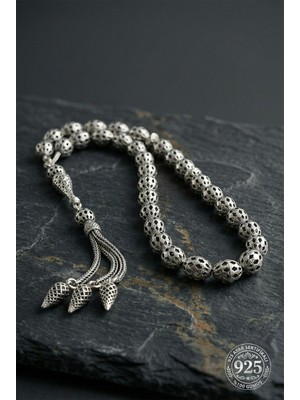 Roza Silver 925 Ayar Oval Kesim 3 Kamçılı Püskül Orta Boy Beşgen Işlemeli Otantik Gümüş Tesbih
